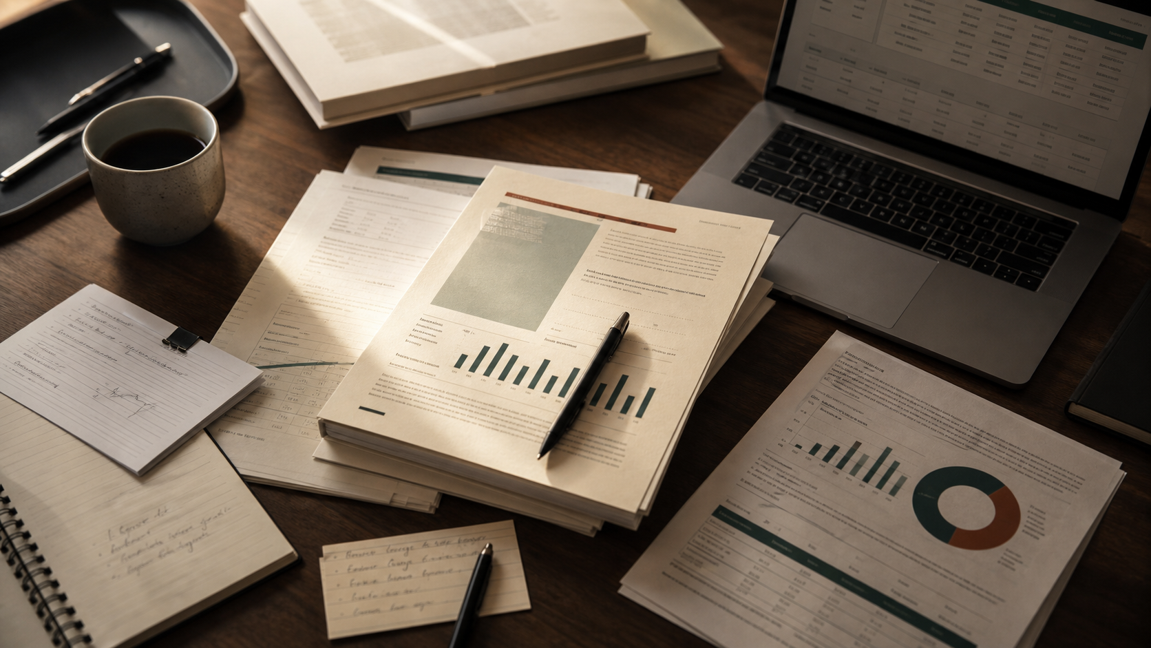 Research desk with reports, notes, charts, and a laptop